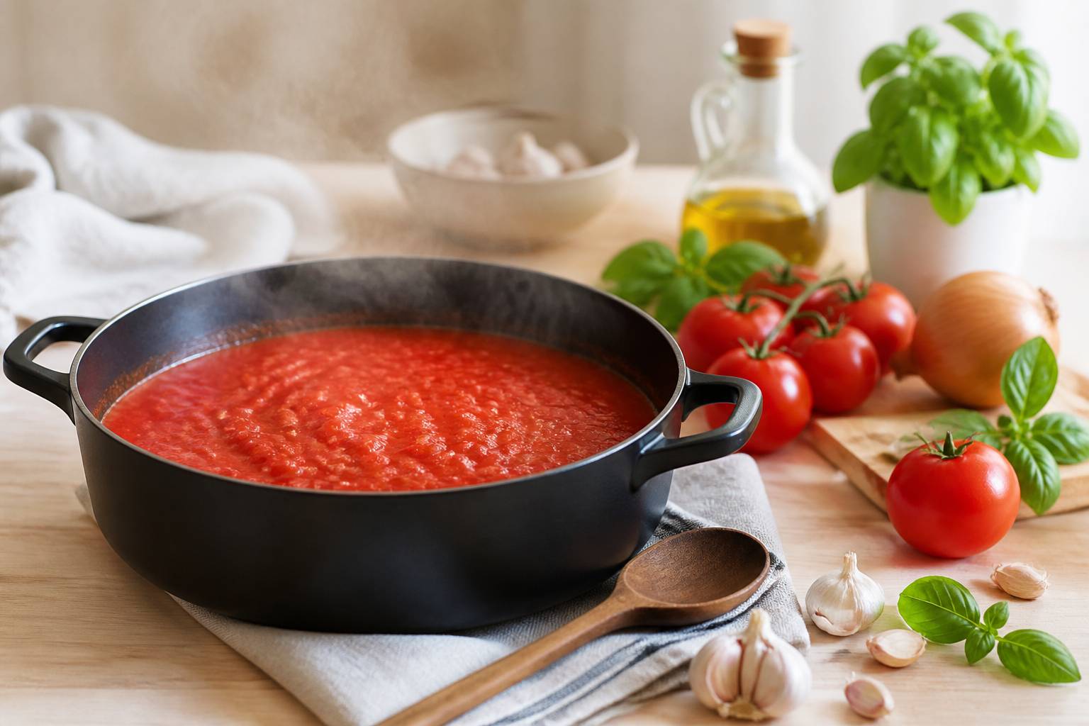 Casserole de sauce tomate maison avec tomates fraîches et basilic