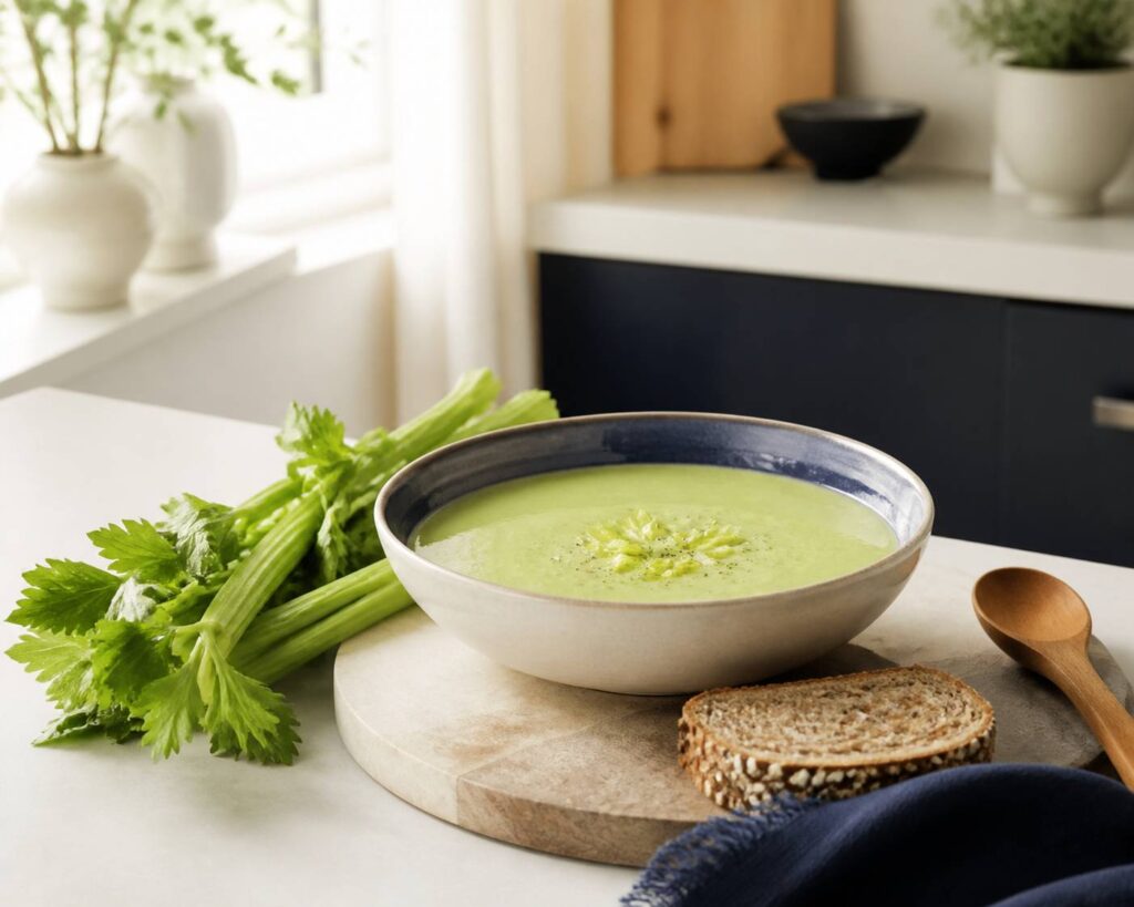 Bol de velouté de céleri vert pâle avec des branches de céleri et du pain