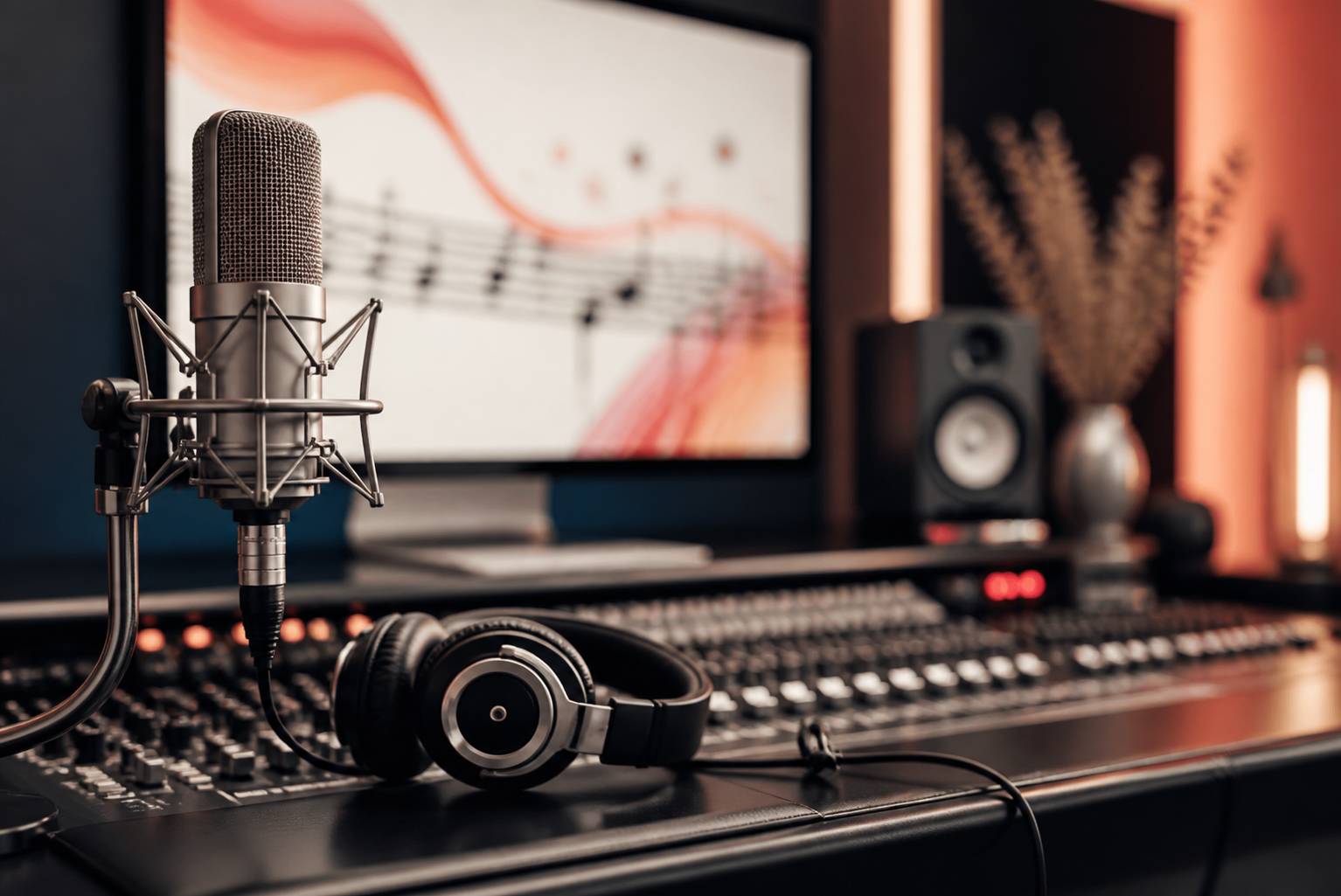 Microphone à condensateur et casques posés sur une console de studio