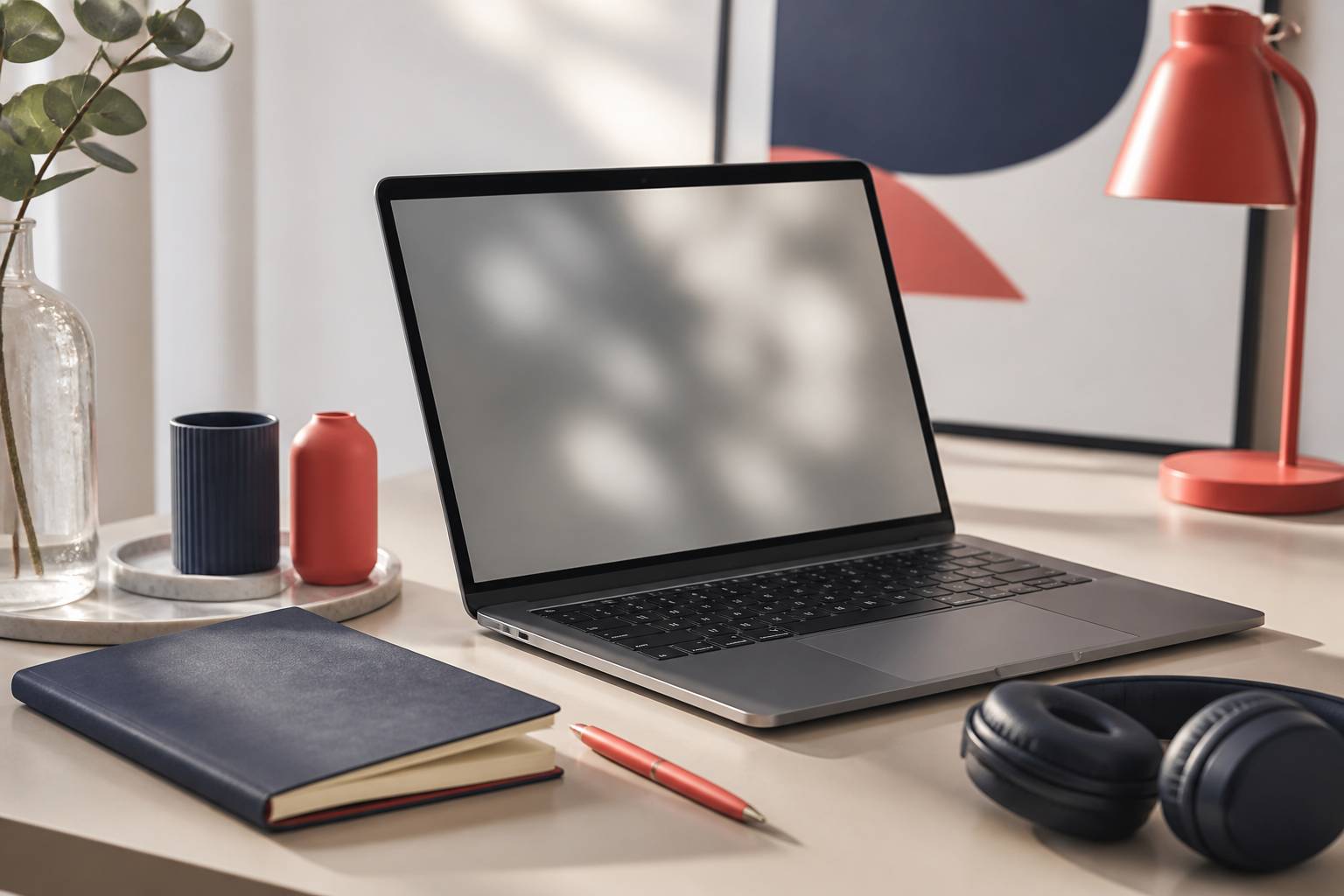 Ordinateur portable et carnet sur un bureau de teletravail