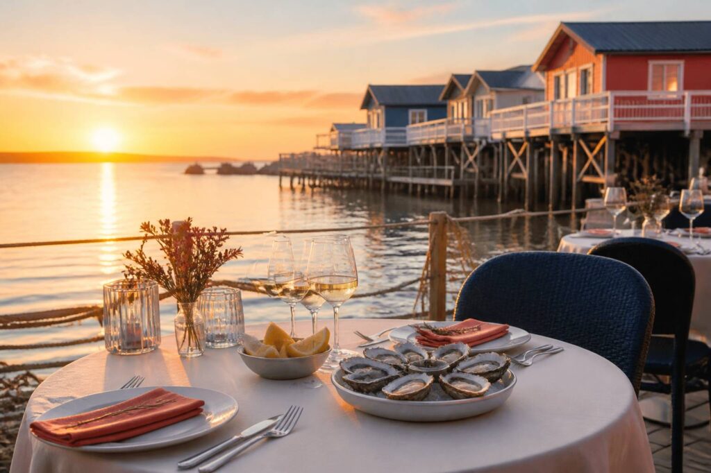 Terrasse de restaurant en bord de mer au coucher du soleil avec cabanes colorées