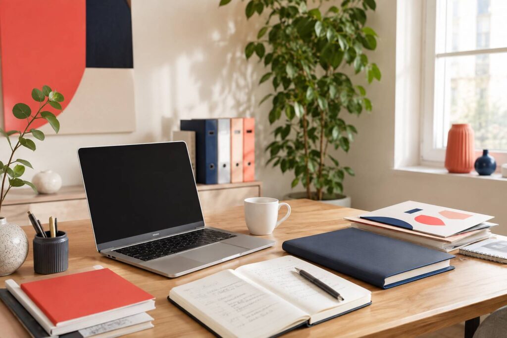 Bureau lumineux avec ordinateur, portfolio et dossiers pour une recherche d'alternance en communication