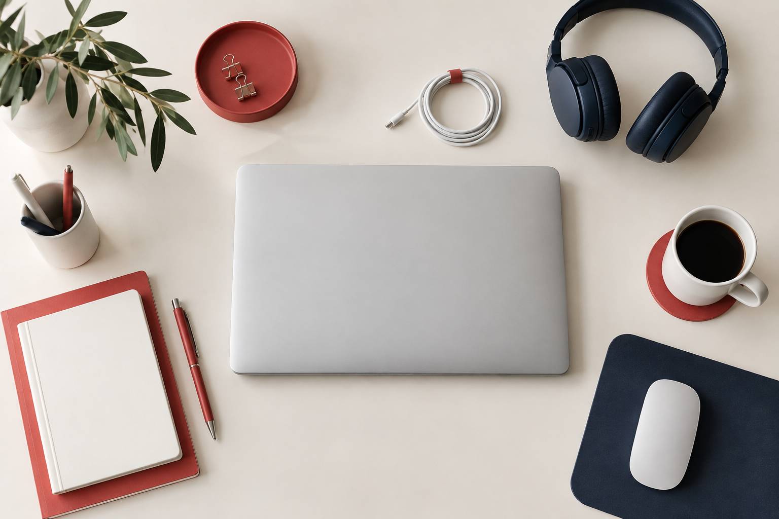 Ordinateur, carnet et accessoires ranges sur un bureau clair