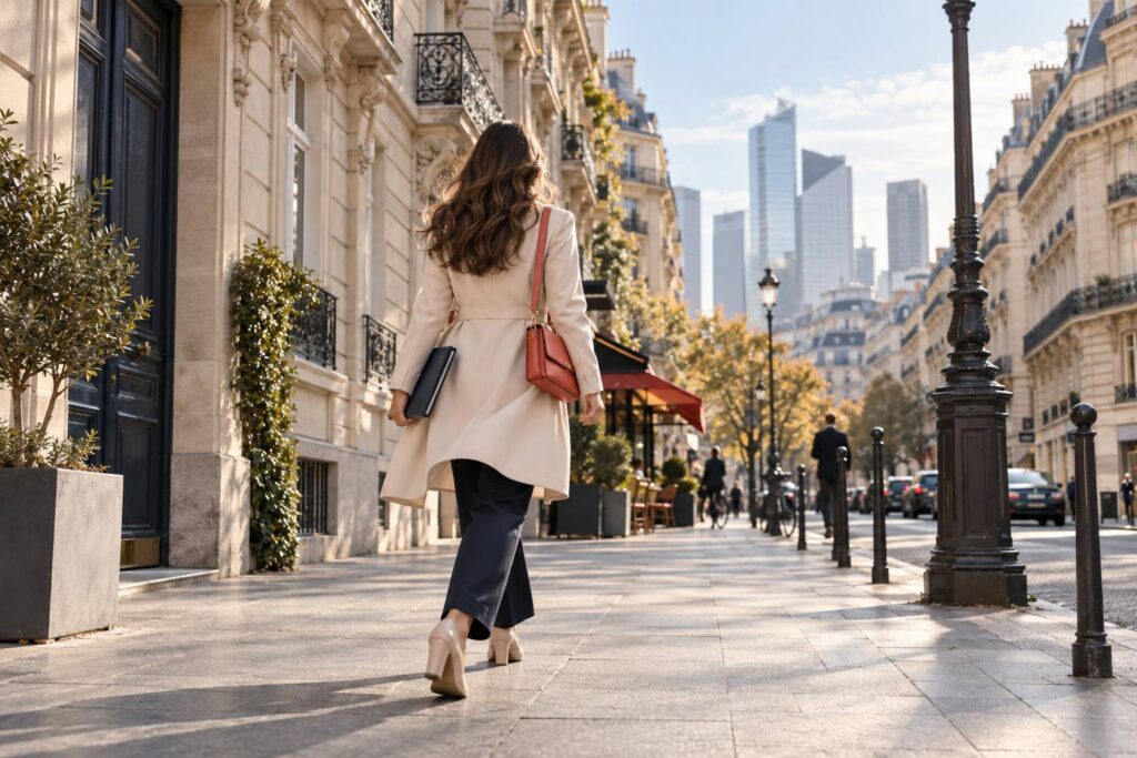 Jeune femme vue de dos marchant dans une rue parisienne vers un quartier de bureaux, ambiance alternance dynamique