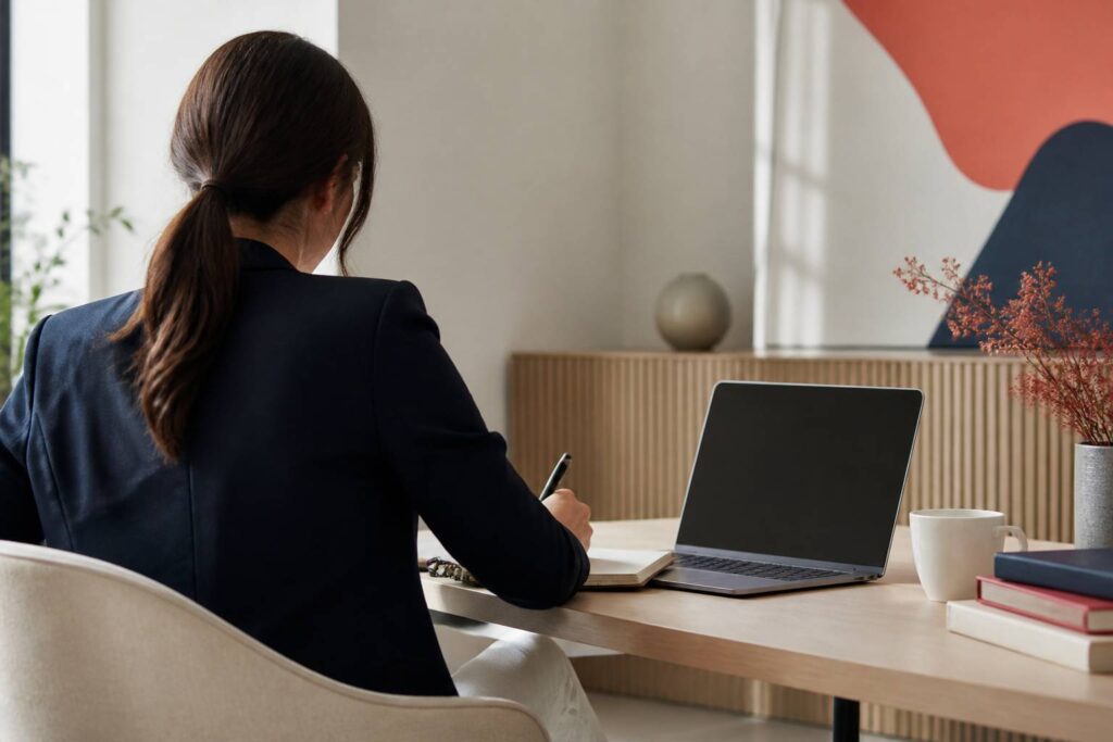 Bureau moderne avec ordinateur et prise de notes pour une alternance RH