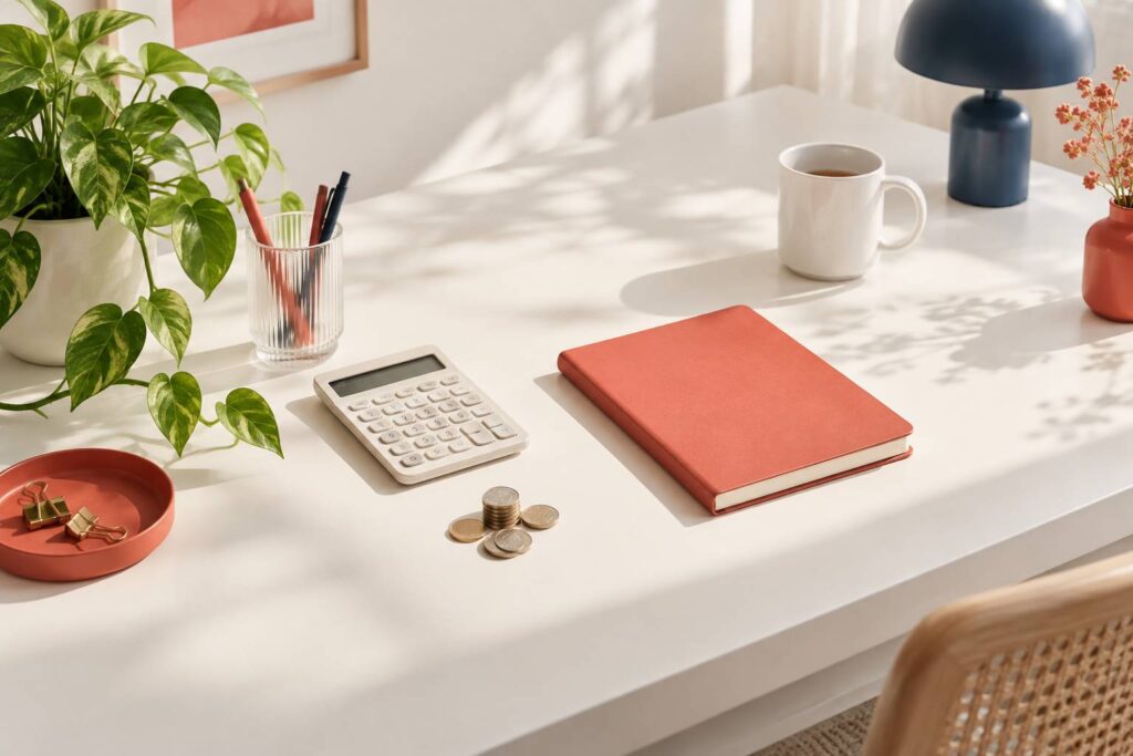 Bureau sobre avec calculatrice neutre, pièces et carnet fermé