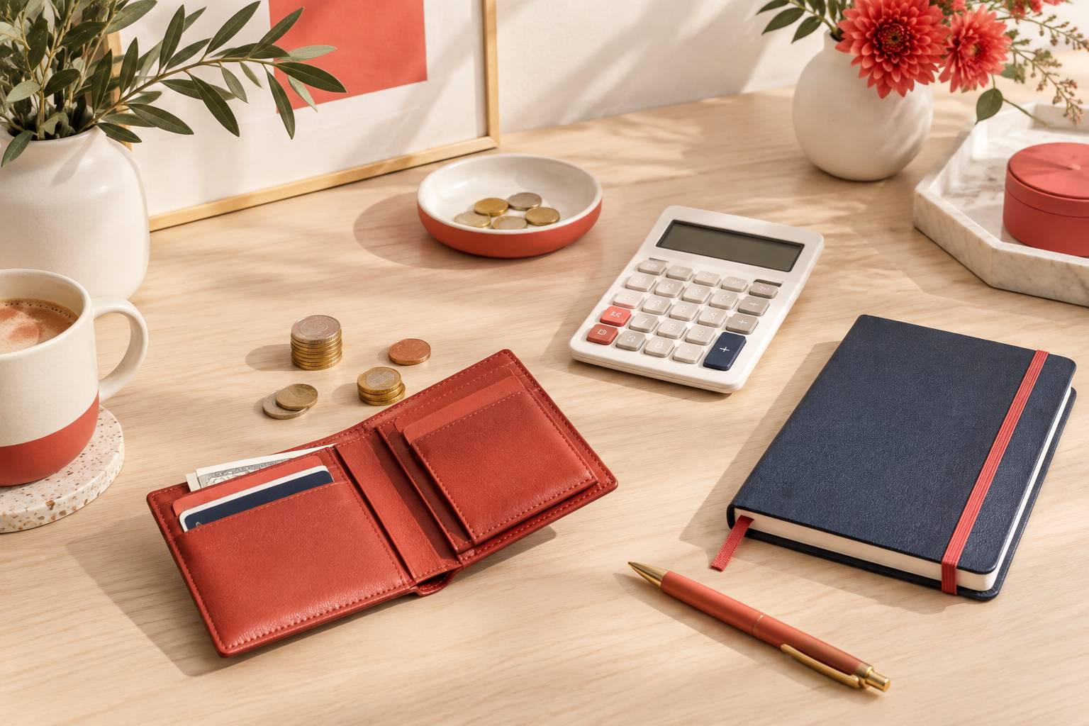 Portefeuille en cuir et pièces réparties sur un plan de travail en bois clair