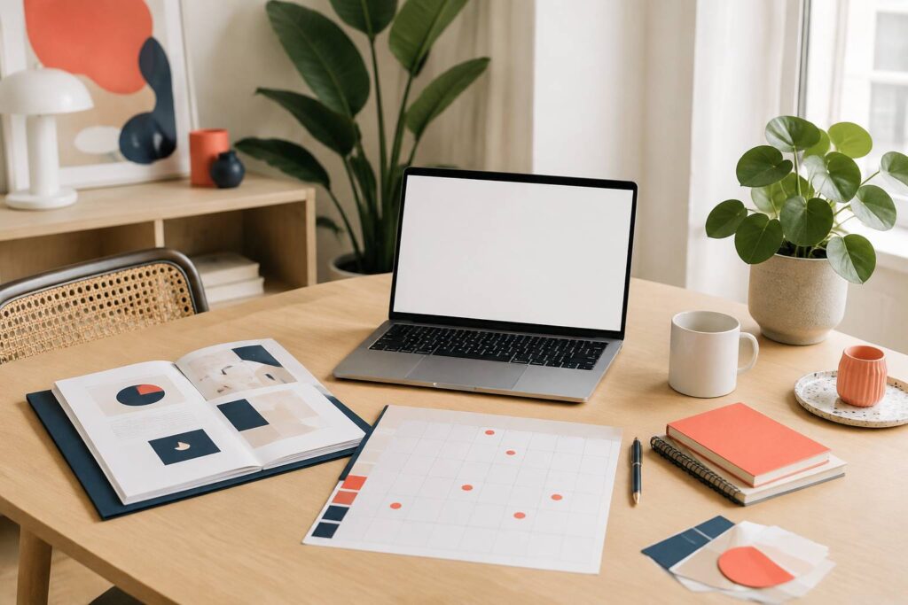 Bureau clair d'une chargée de communication avec portfolio, calendrier éditorial et ordinateur portable