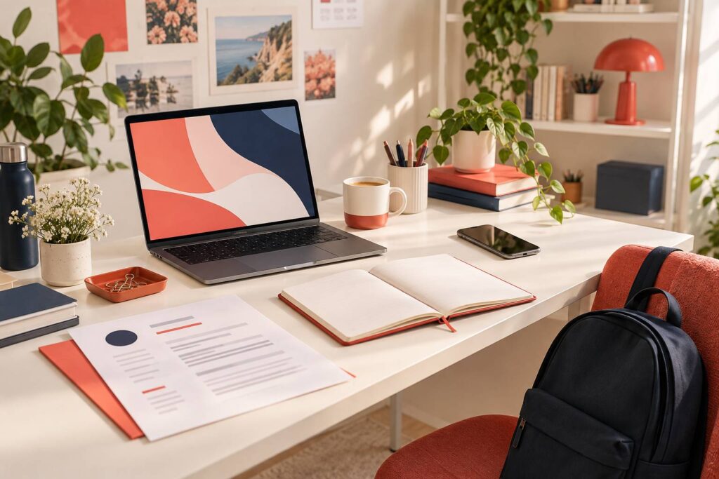 Espace de travail étudiant avec CV imprimé, ordinateur portable et tasse de café