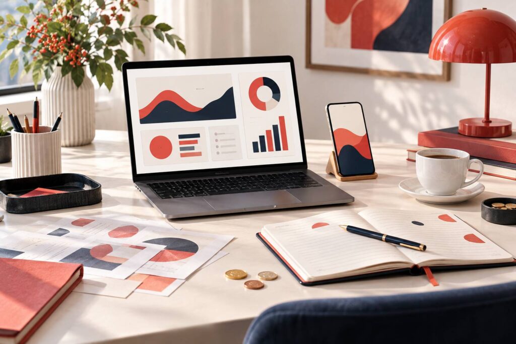 Bureau avec ordinateur, agenda et petites coupures pour un revenu complémentaire