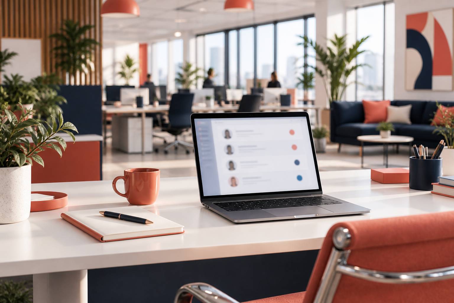 Vue large d'un open space d'entreprise lumineux : bureau avec ordinateur affichant une liste de candidatures f