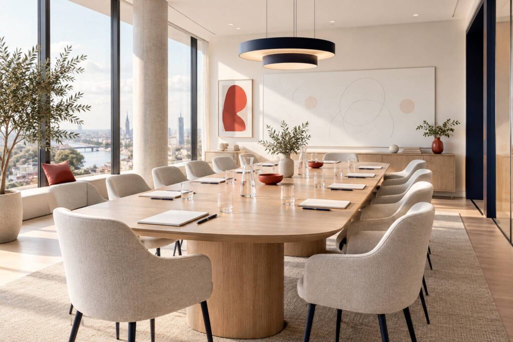 Salle de réunion lumineuse avec grande table, bloc-notes vierges et carafes d'eau