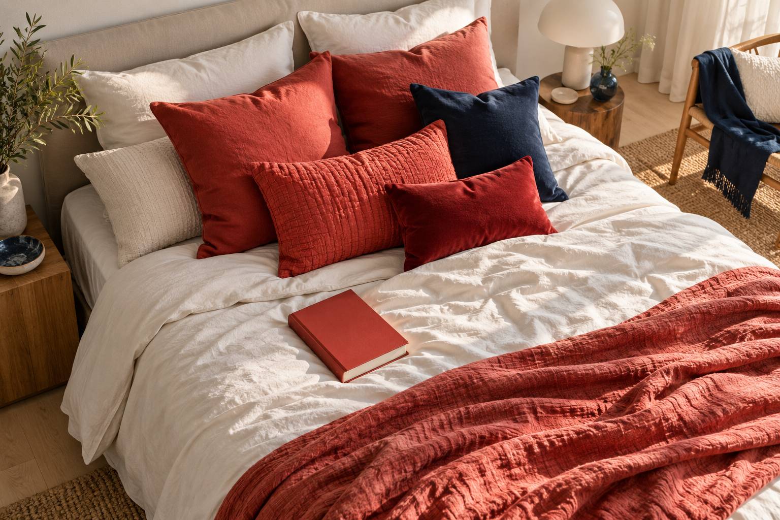 Coussins aux textures variees superposes sur un lit a demi fait