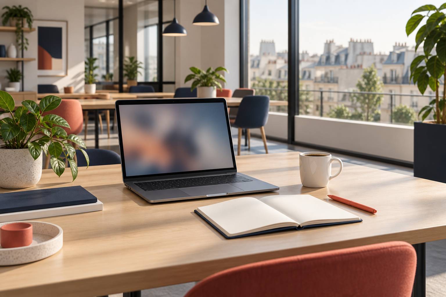 Poste de travail lumineux dans un coworking parisien avec ordinateur, carnet et café face à une baie vitrée