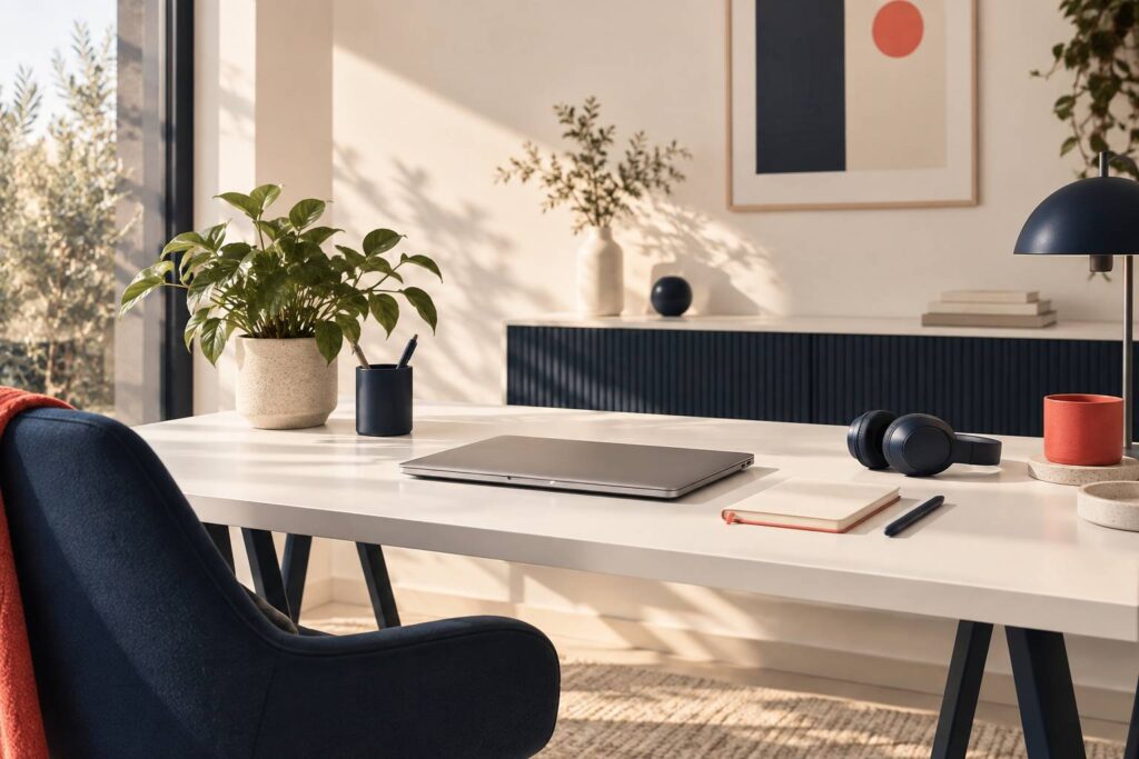 Poste de travail moderne avec ordinateur portable ferme et casque audio