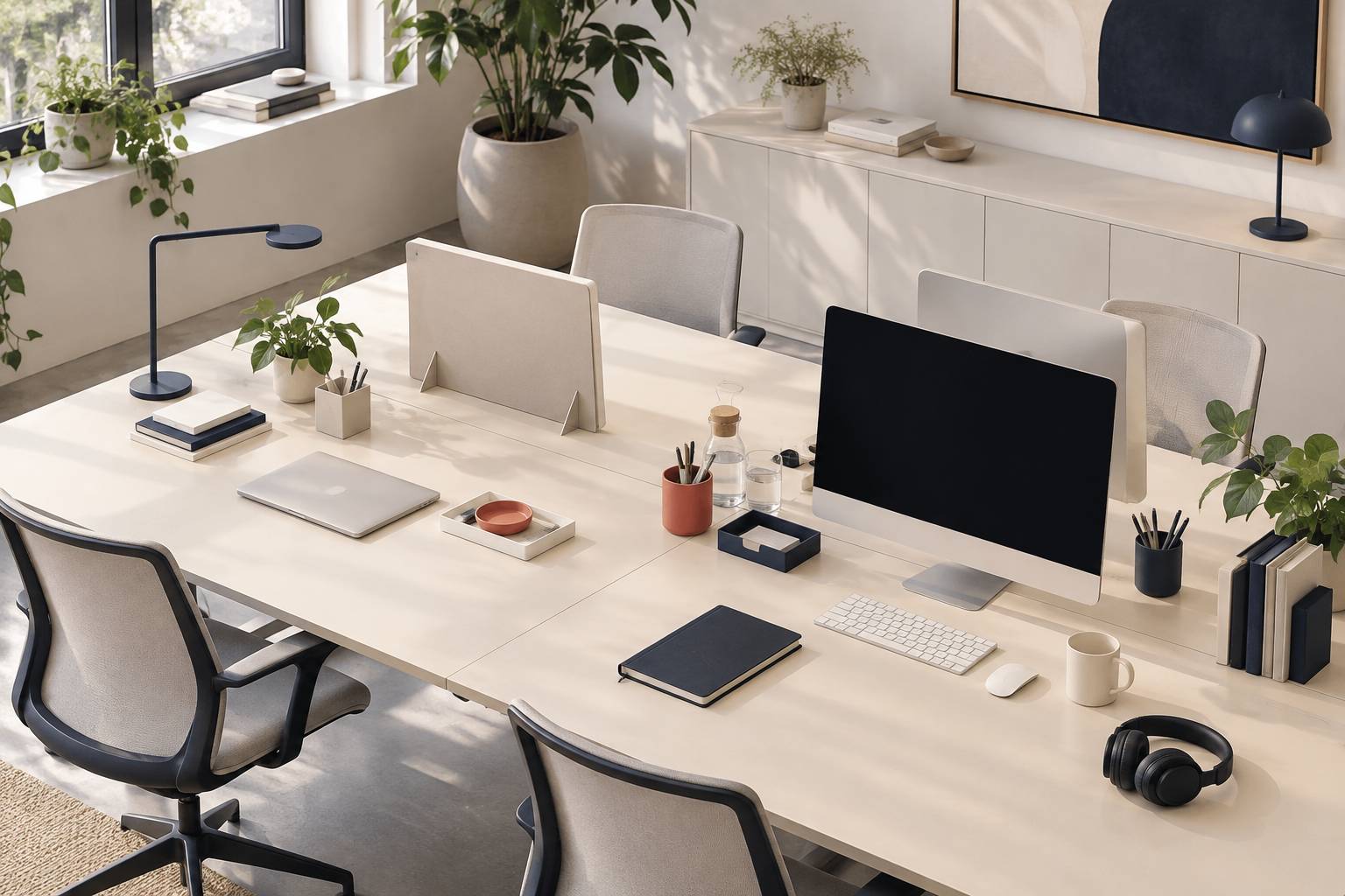 Bureau d'equipe avec ecran eteint, bloc-notes ferme et tasse