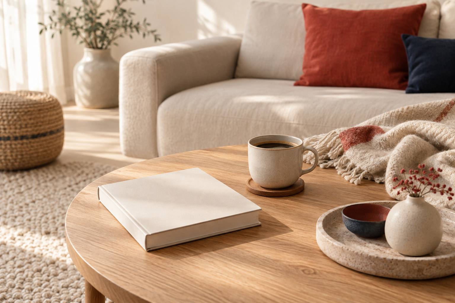 Table basse avec tasse de cafe, livre ferme et plaid en laine dans une lumiere douce