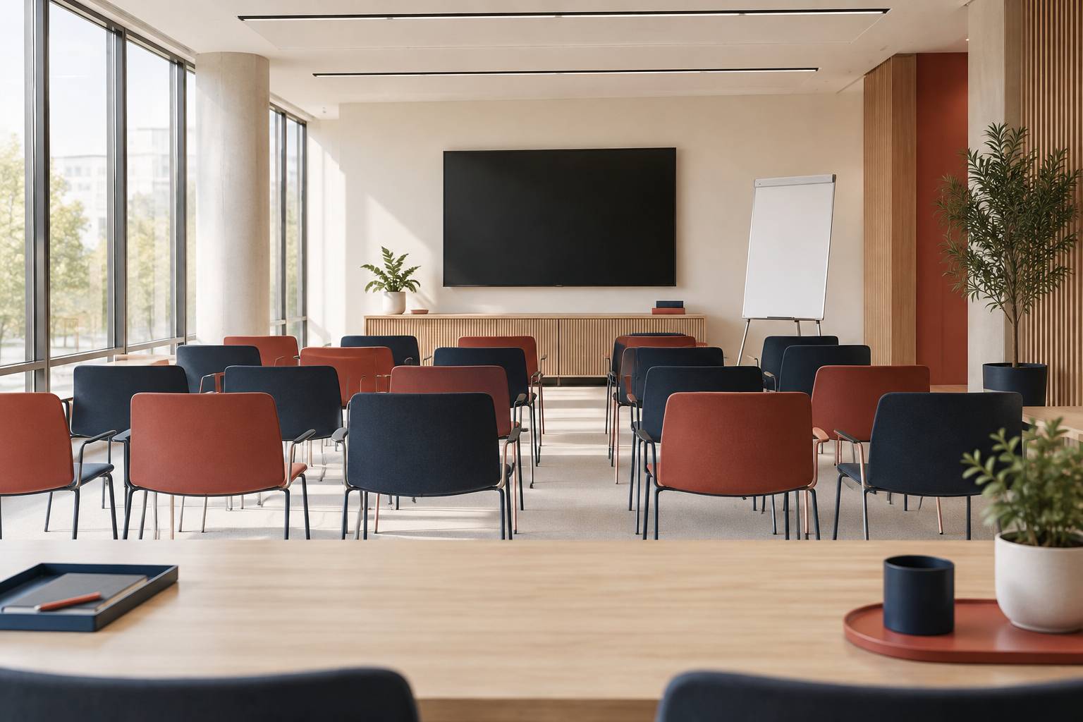 Salle de formation lumineuse avec chaises alignées et paperboard vierge