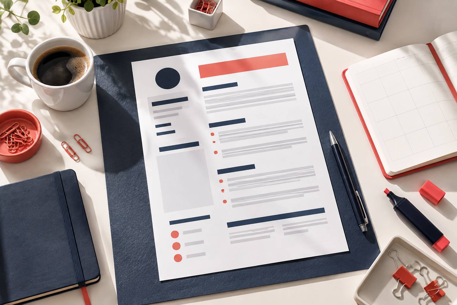 Détail d'un CV et d'un agenda ouverts sur un bureau d'étudiant