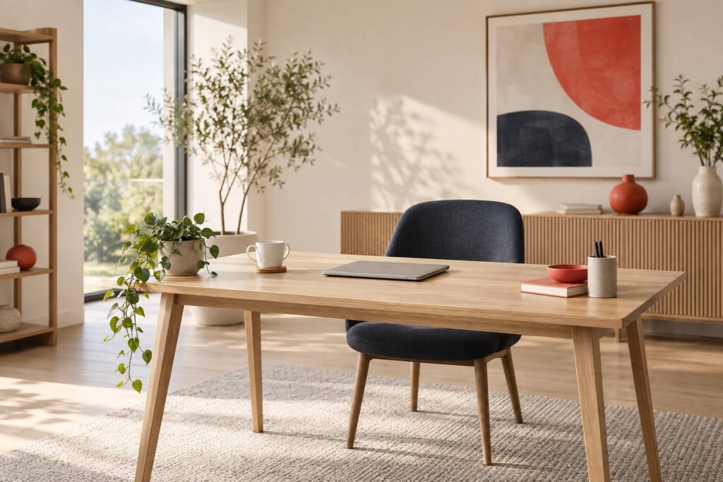 Ordinateur portable ferme sur un bureau en bois clair avec plante verte