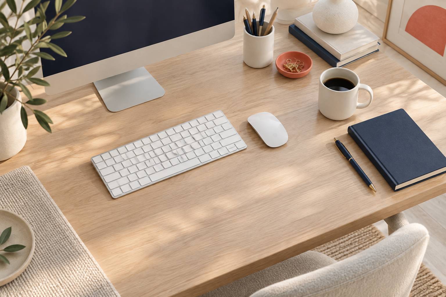 Clavier et souris generiques sur un plan de travail avec carnet ferme