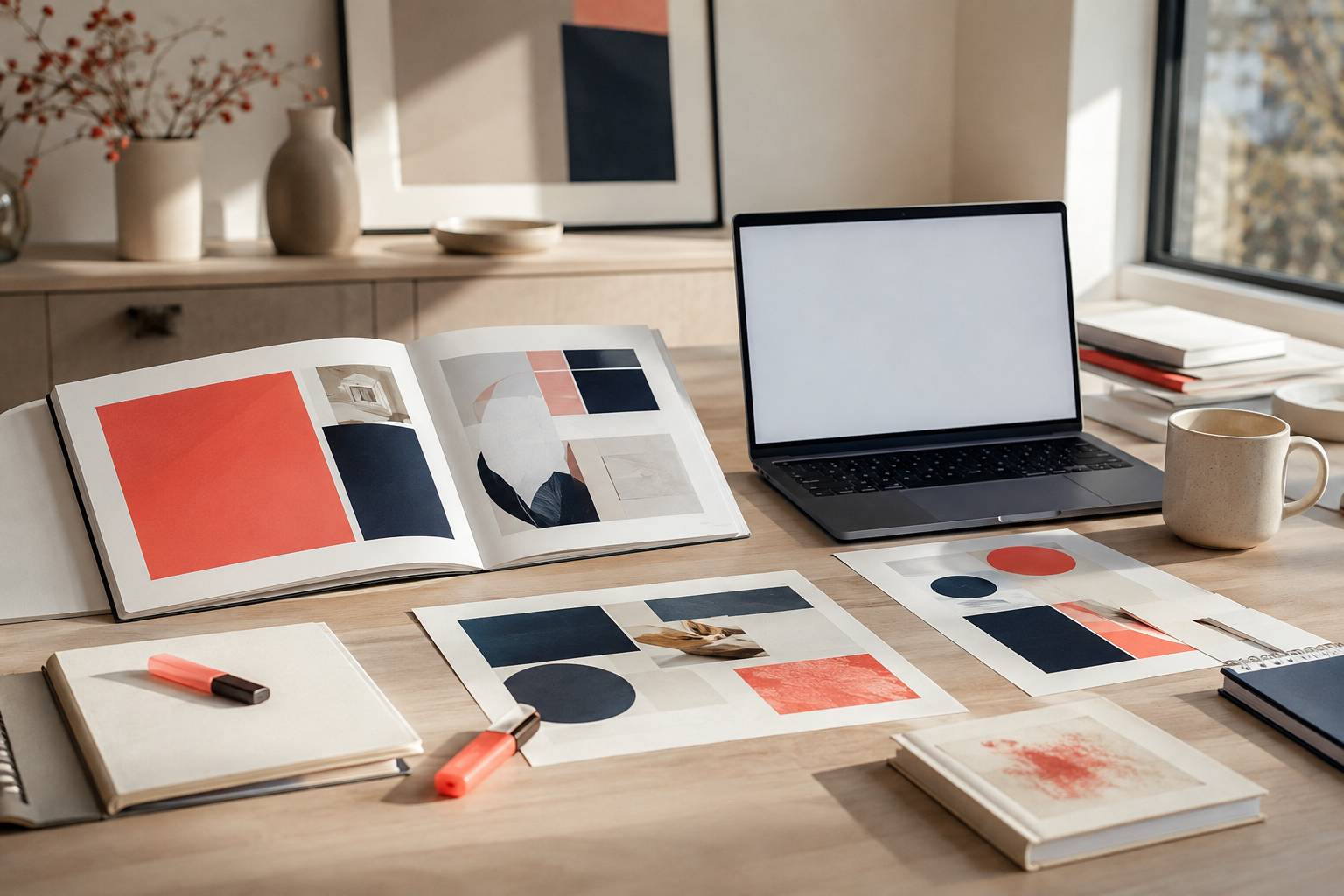 Portfolio ouvert et visuels de communication imprimés sur un bureau pour un dossier d'alternance