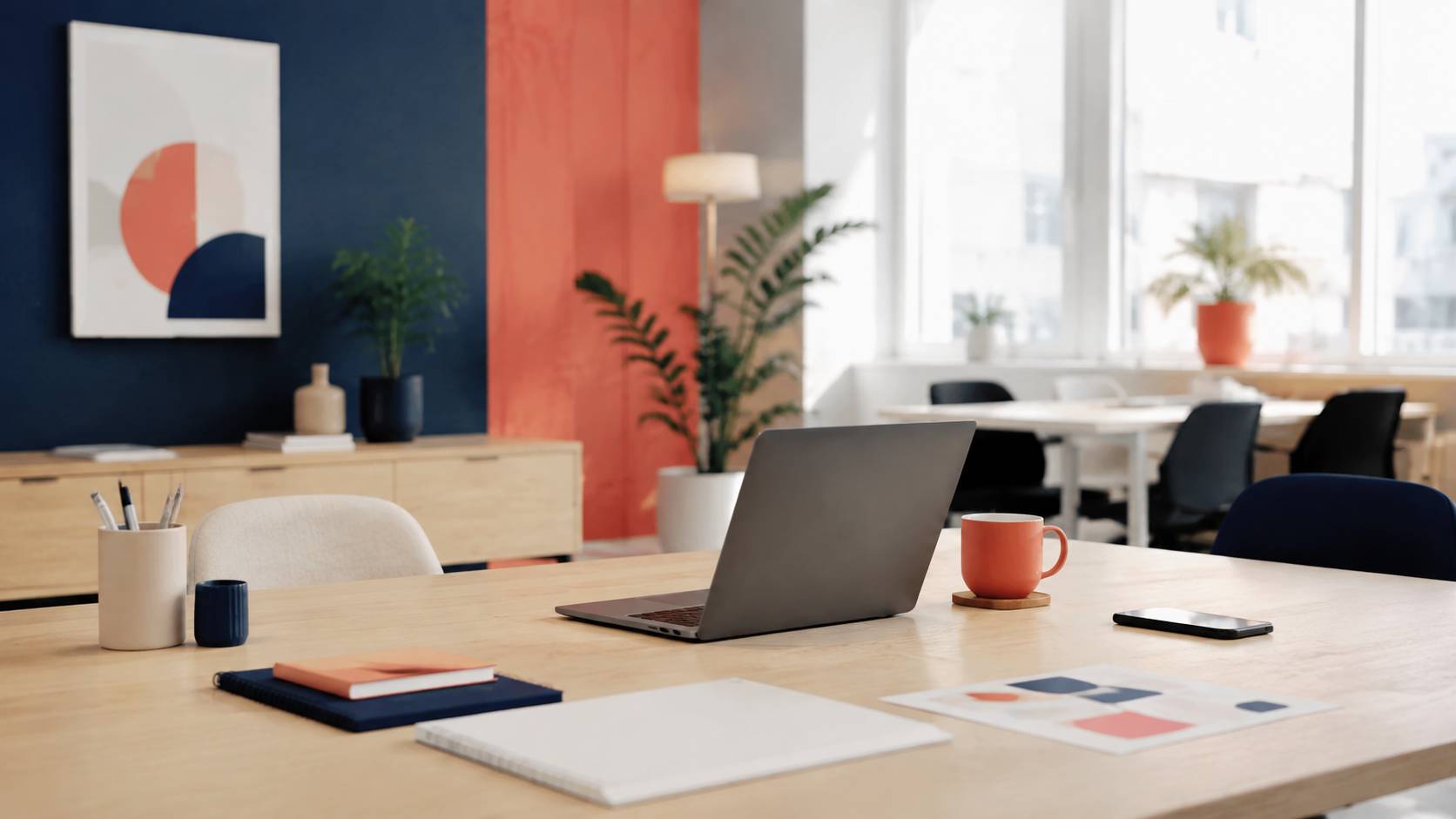 Espace de travail lumineux avec ordinateur et cahier près d'une large fenêtre