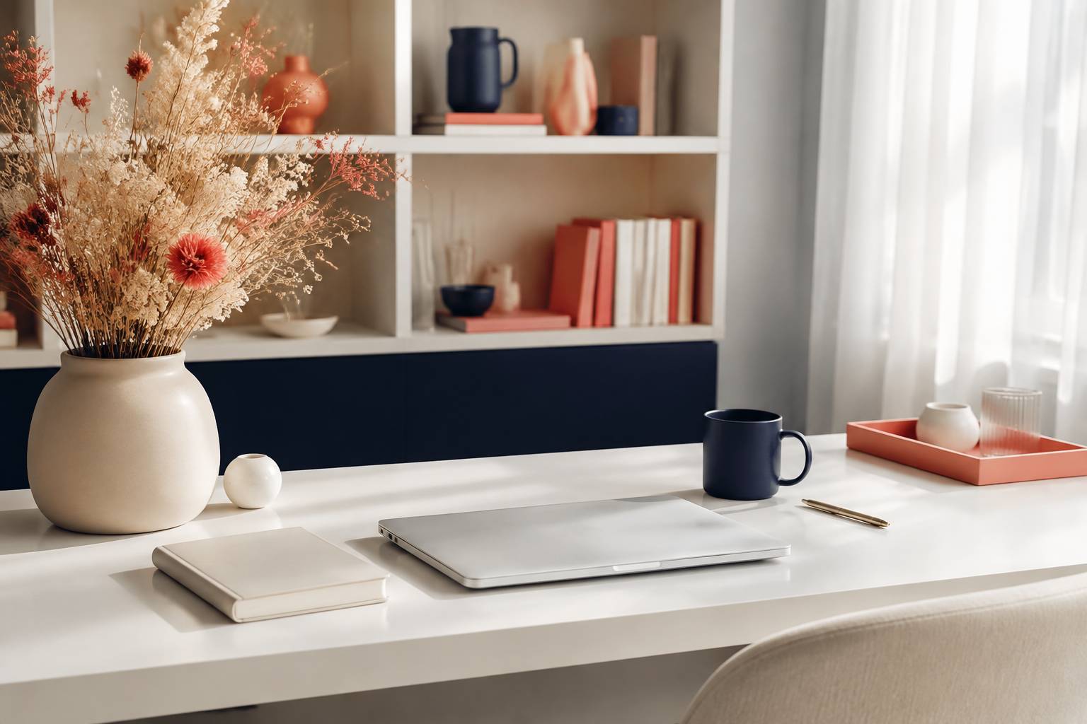 Bureau féminin lumineux avec ordinateur portable fermé et fleurs séchées