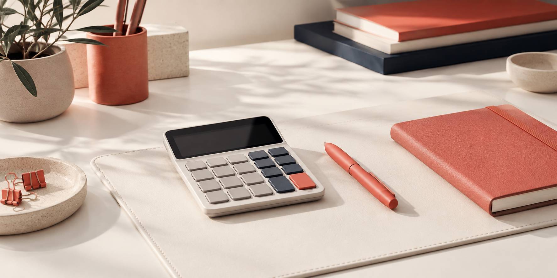 Calculatrice a l'ecran eteint avec stylo sur un sous-main