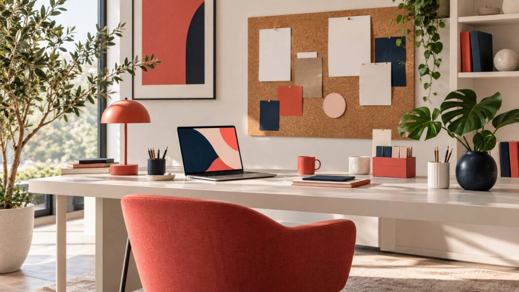 Bureau moderne avec ordinateur portable et panneau d'affichage en liège