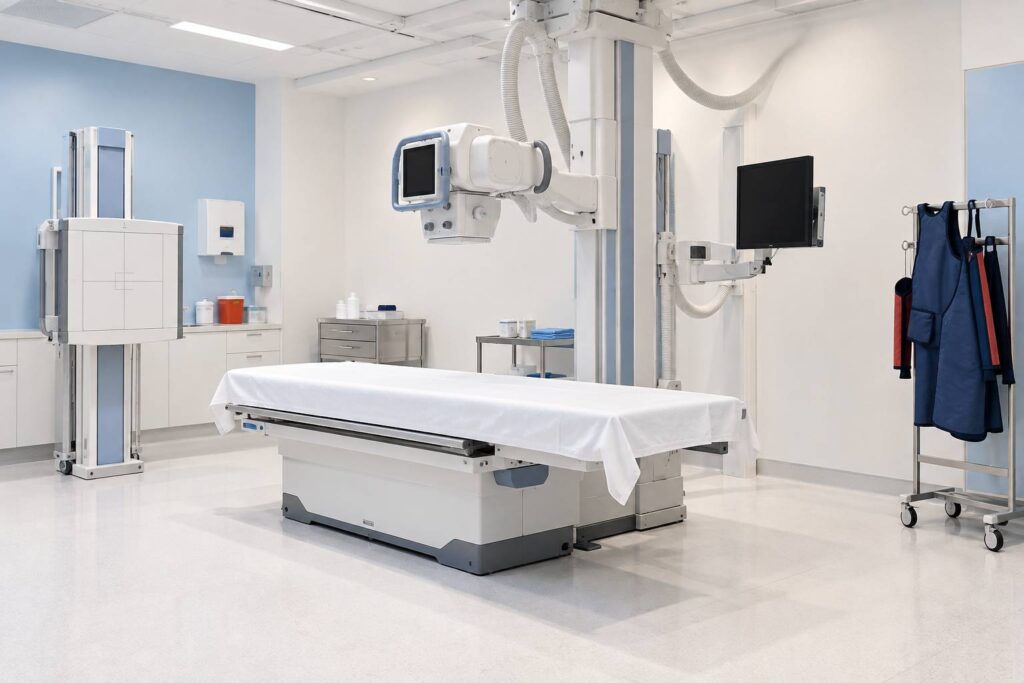 Salle de radiologie vide avec table d'examen et appareil d'imagerie