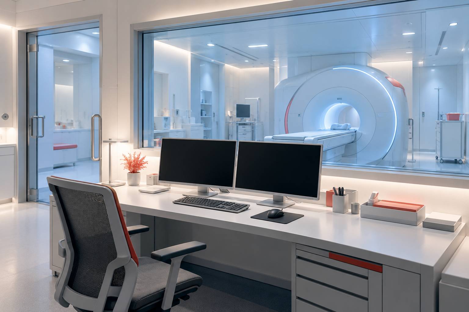 Poste de controle en imagerie medicale avec ecrans eteints et fauteuil vide