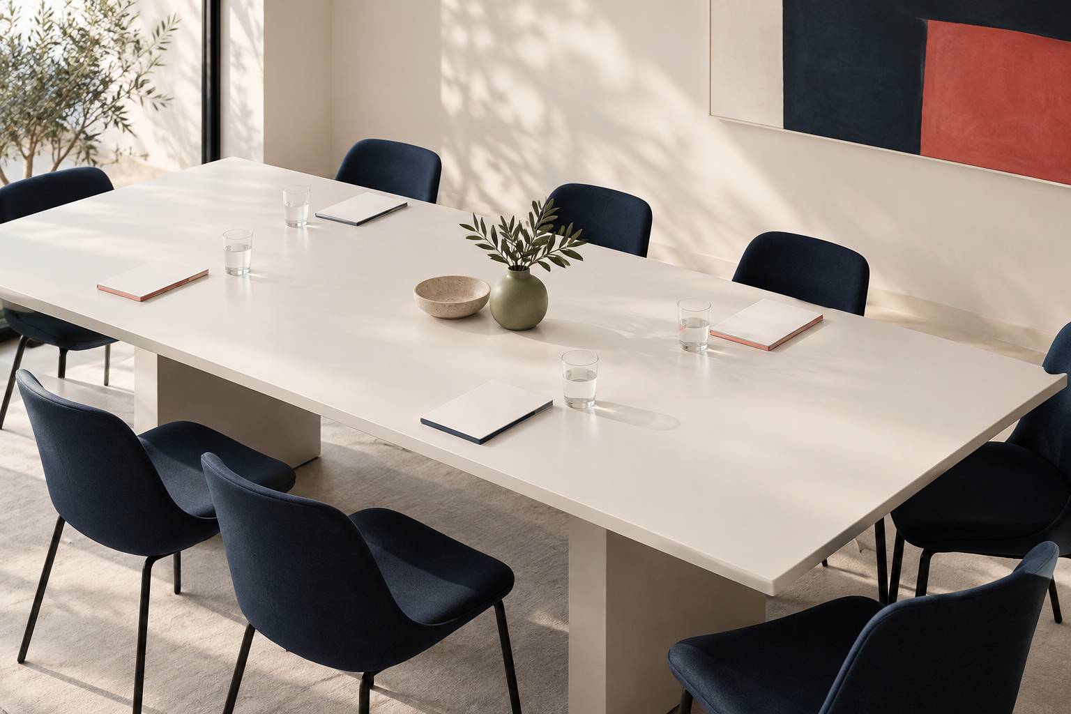 Table de réunion sobre avec chaises vides et bloc-notes vierge
