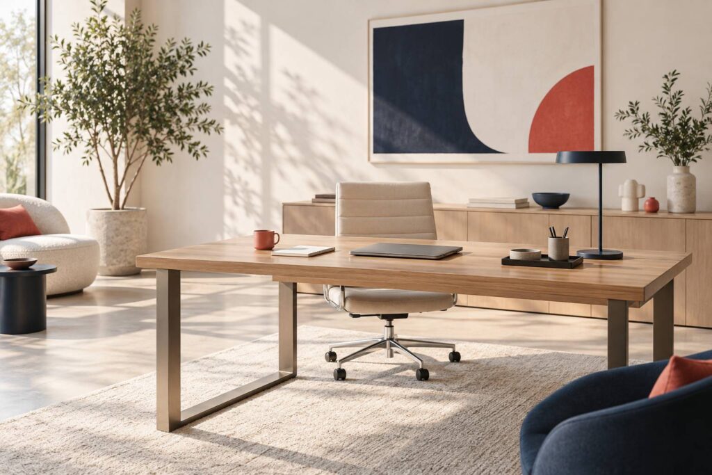 Bureau de travail contemporain avec ordinateur ferme et carnet vierge
