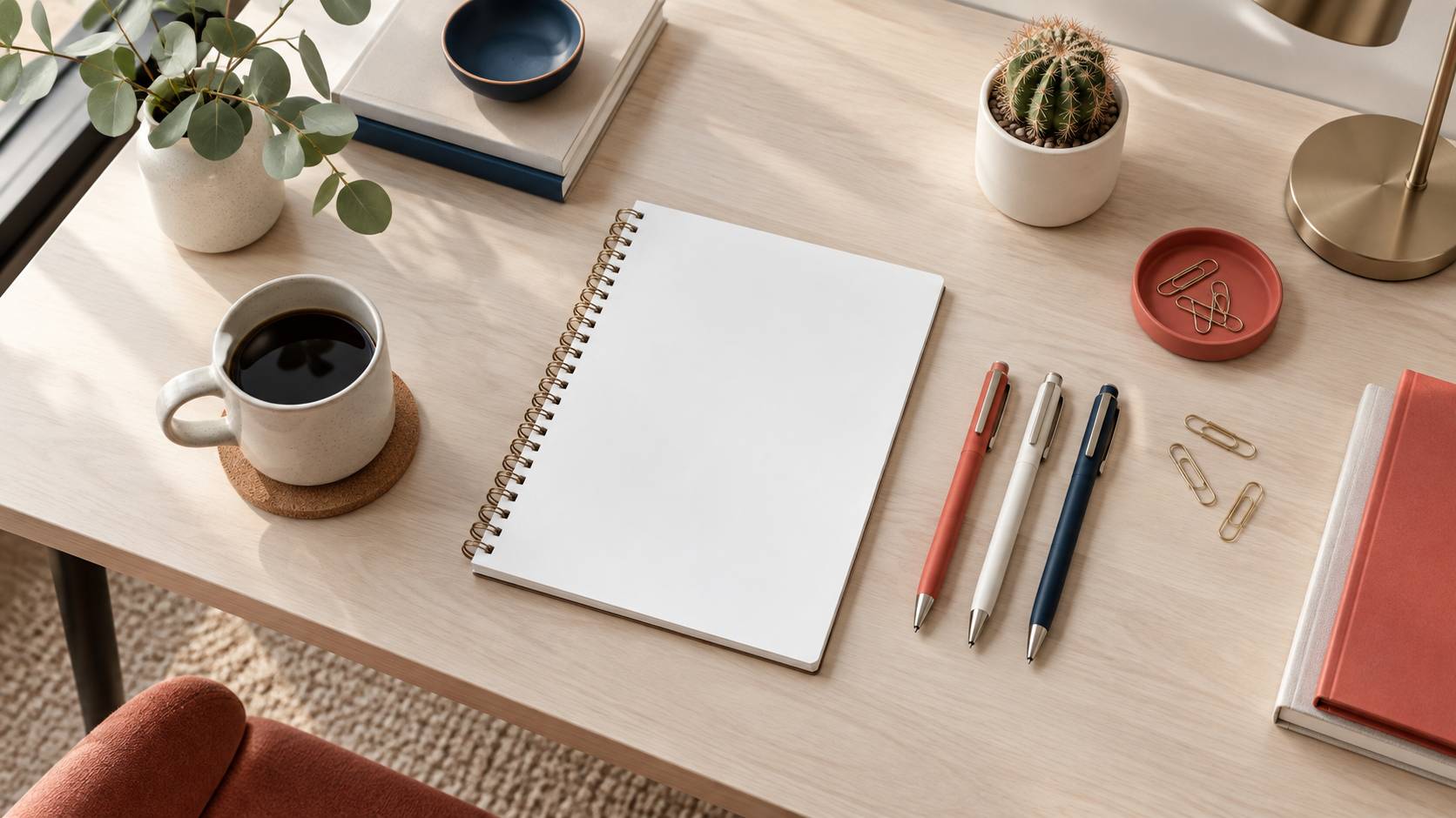 Plan de travail clair avec bloc-notes vierge et stylos ranges