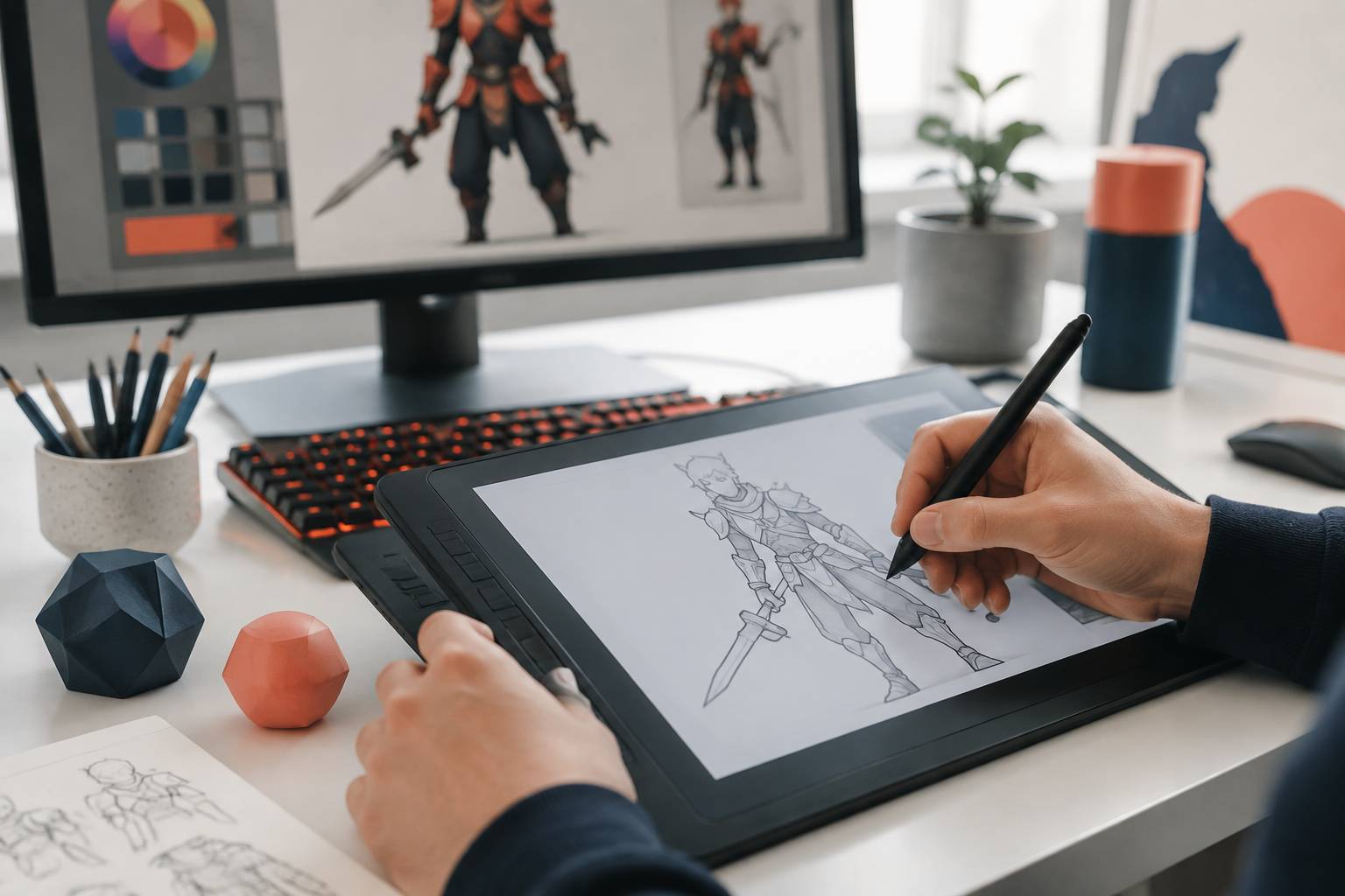 Mains dessinant un personnage de jeu sur tablette graphique dans un studio