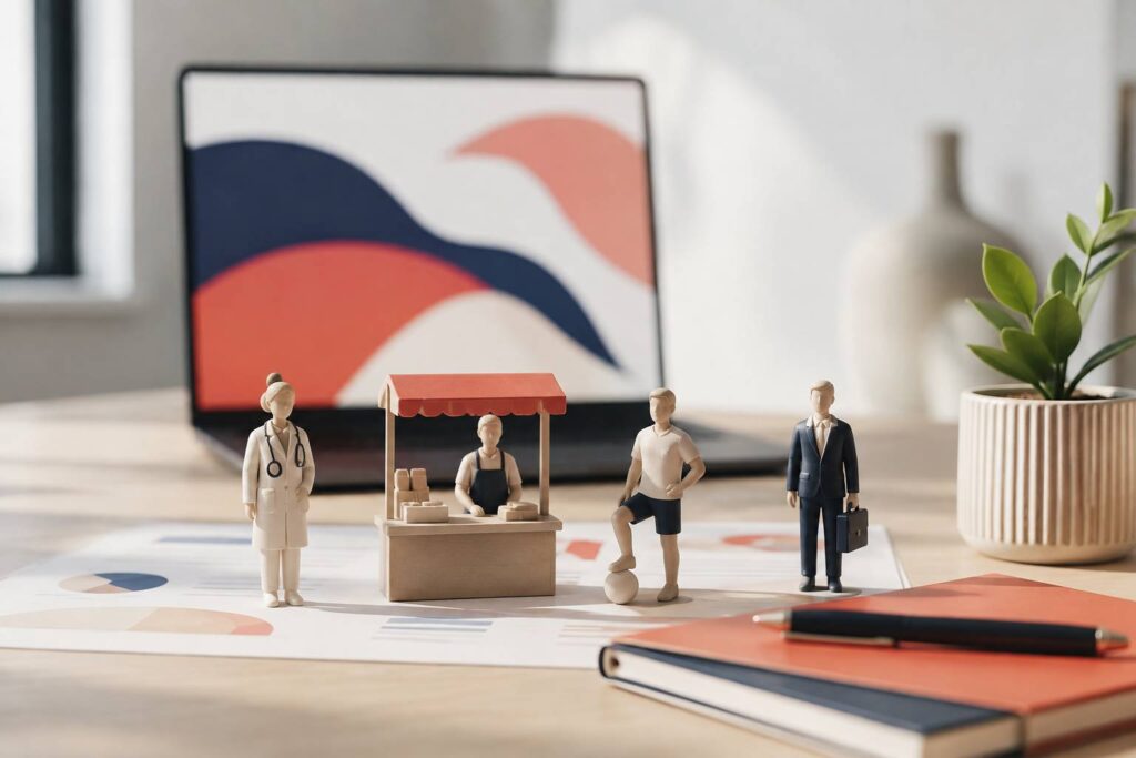 Figurines de métiers de la santé, du commerce et du sport sur un bureau d'orientation