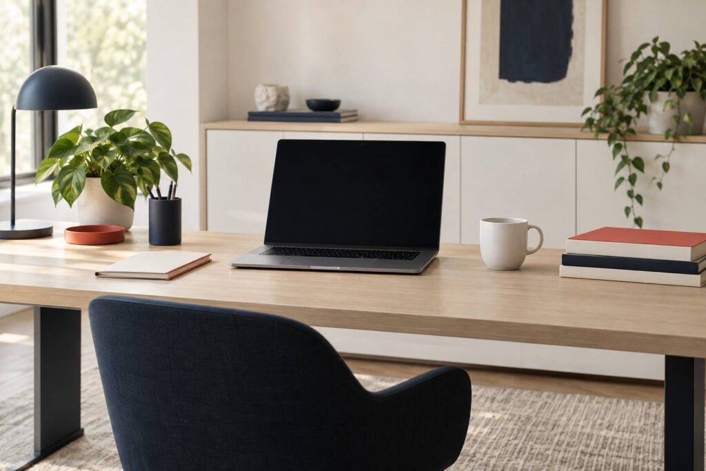 Bureau contemporain sobre avec ordinateur eteint, carnet et plante verte