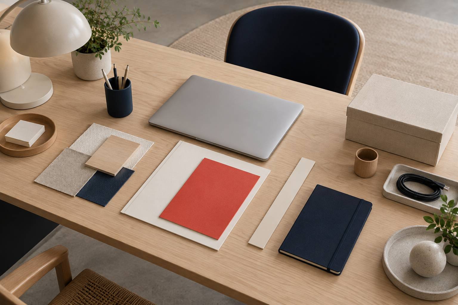 Espace de travail range avec echantillons, boite d'archives et cables