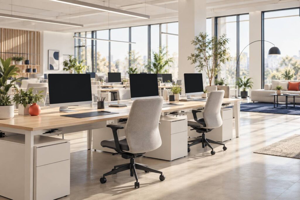 Open space clair et range avec bureaux vides et plantes vertes