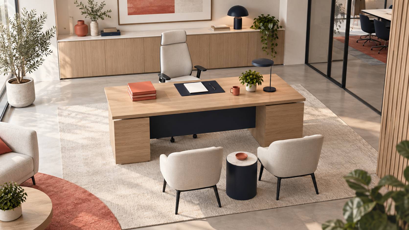Bureau de direction avec fauteuil ergonomique et dossiers fermes