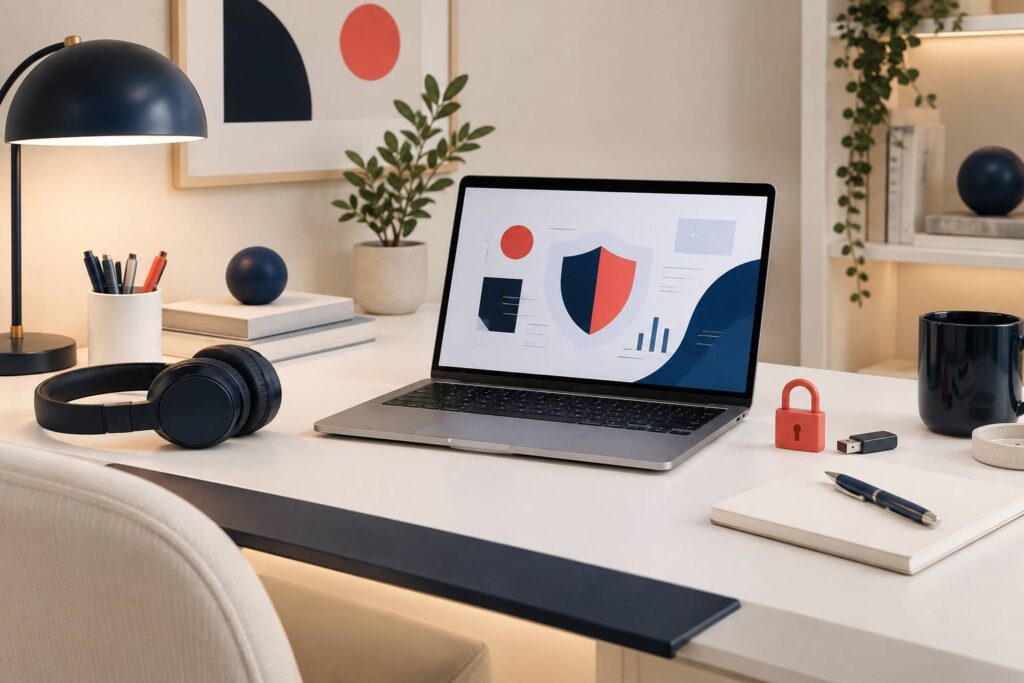 Ordinateur portable et cadenas symbolisant la cybersécurité au bureau