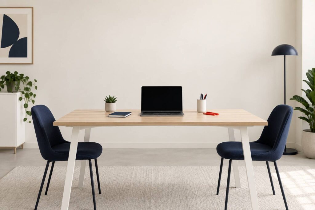 Bureau moderne avec ordinateur écran éteint, carnet et deux chaises