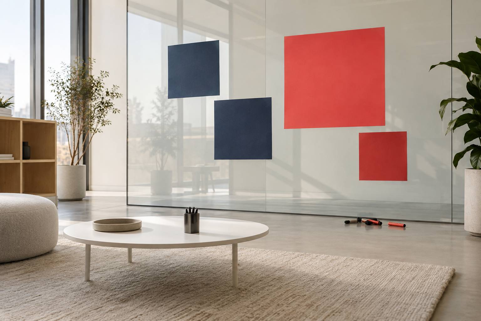 Mur de feuillets autocollants unis sur une vitre avec marqueurs