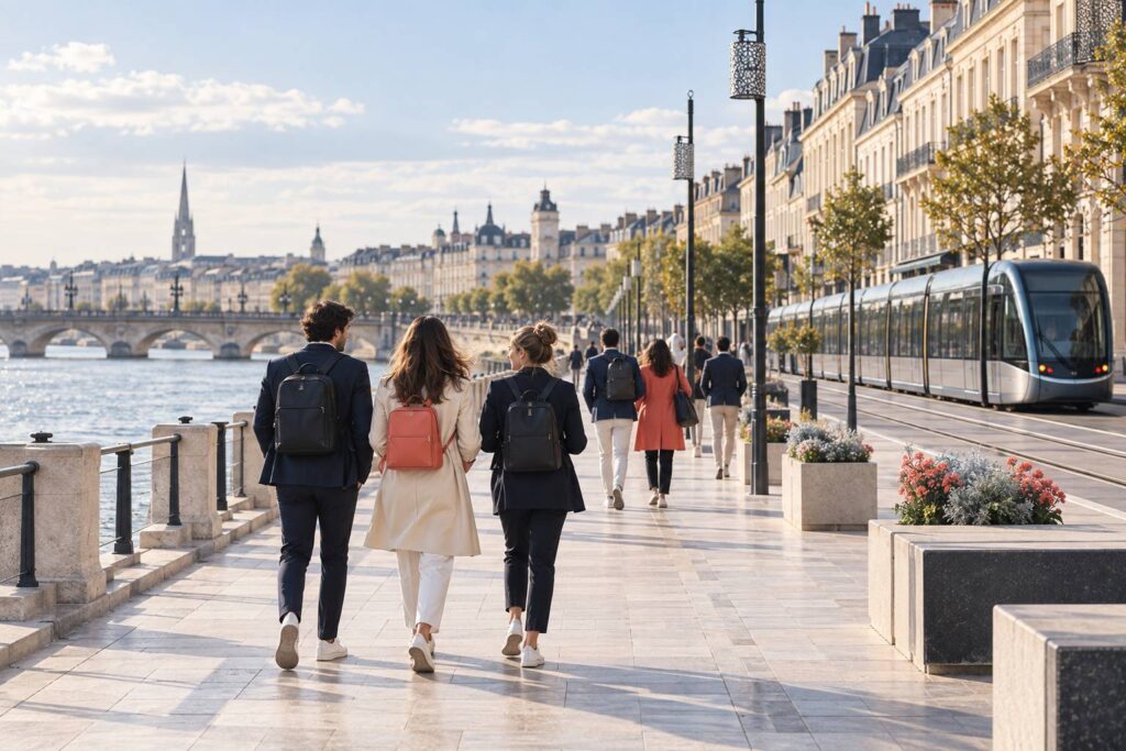 Vue large du quartier d'affaires de Bordeaux : quais en pierre et façades haussmanniennes, tramway passant au