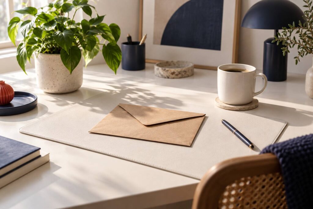 Enveloppe kraft fermee et petite plante sur un bureau clair