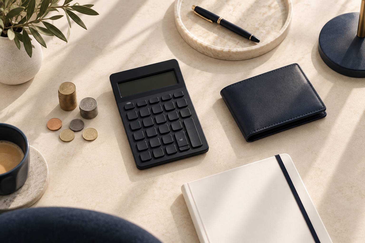 Calculatrice eteinte, portefeuille ferme et carnet sur une table