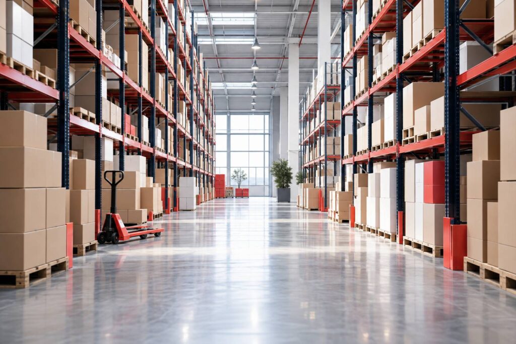 Entrepôt logistique moderne avec étagères et cartons neutres alignés