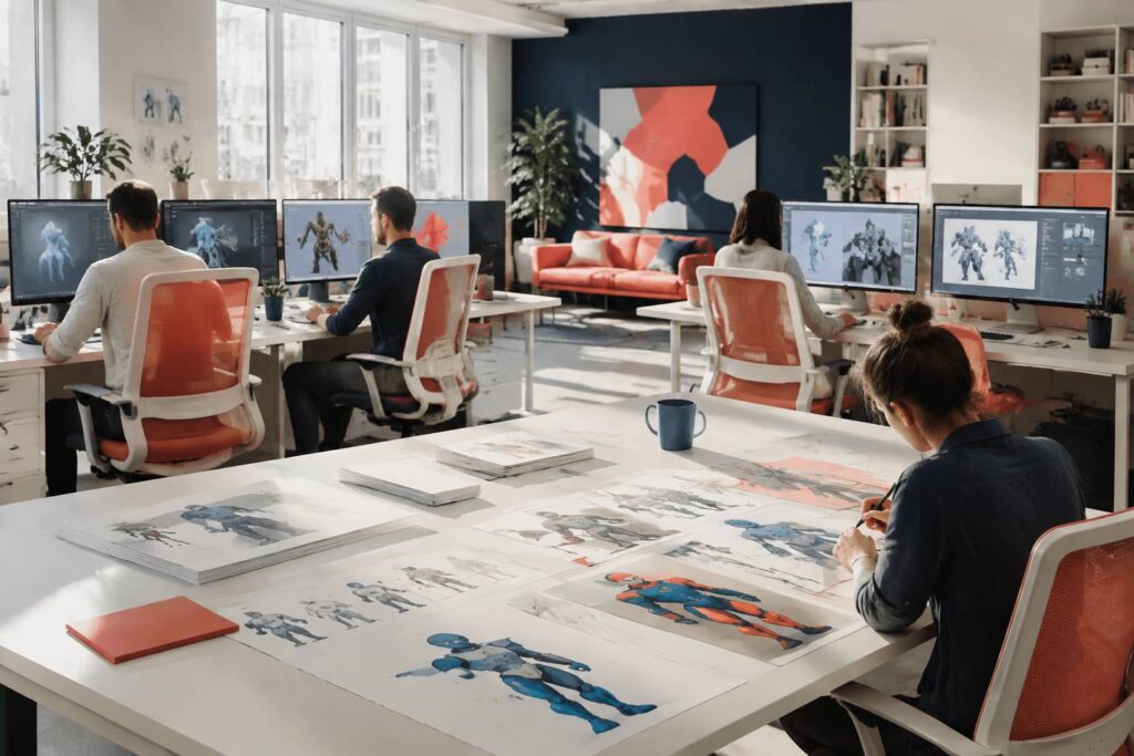 Open-space d'un studio de création de jeux vidéo avec postes de travail et écrans