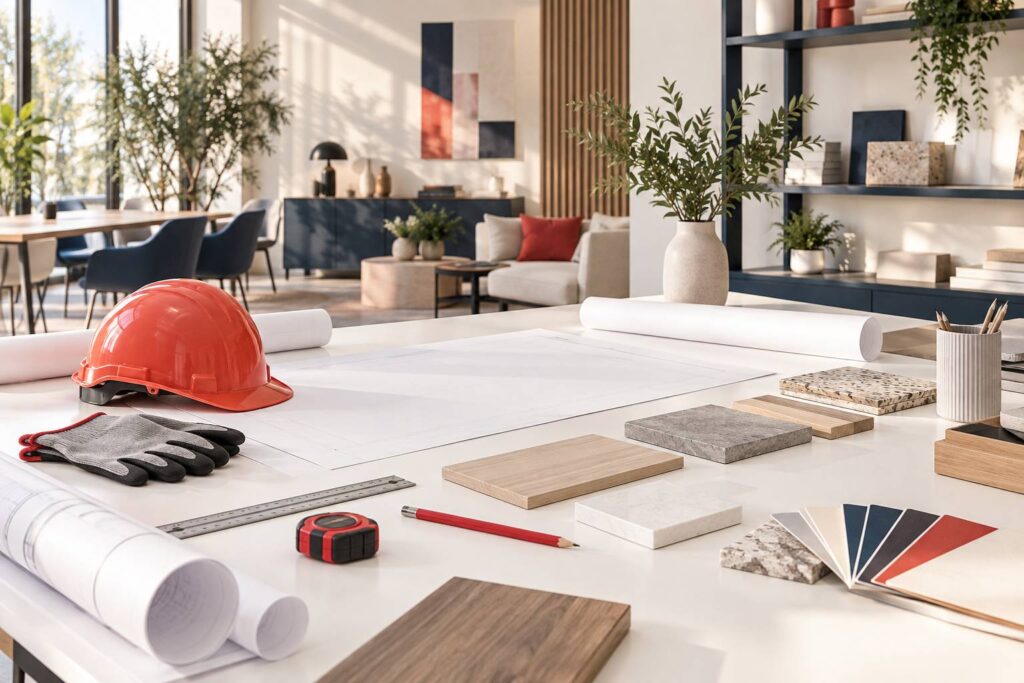 Bureau de societe de renovation avec casque, plans et echantillons